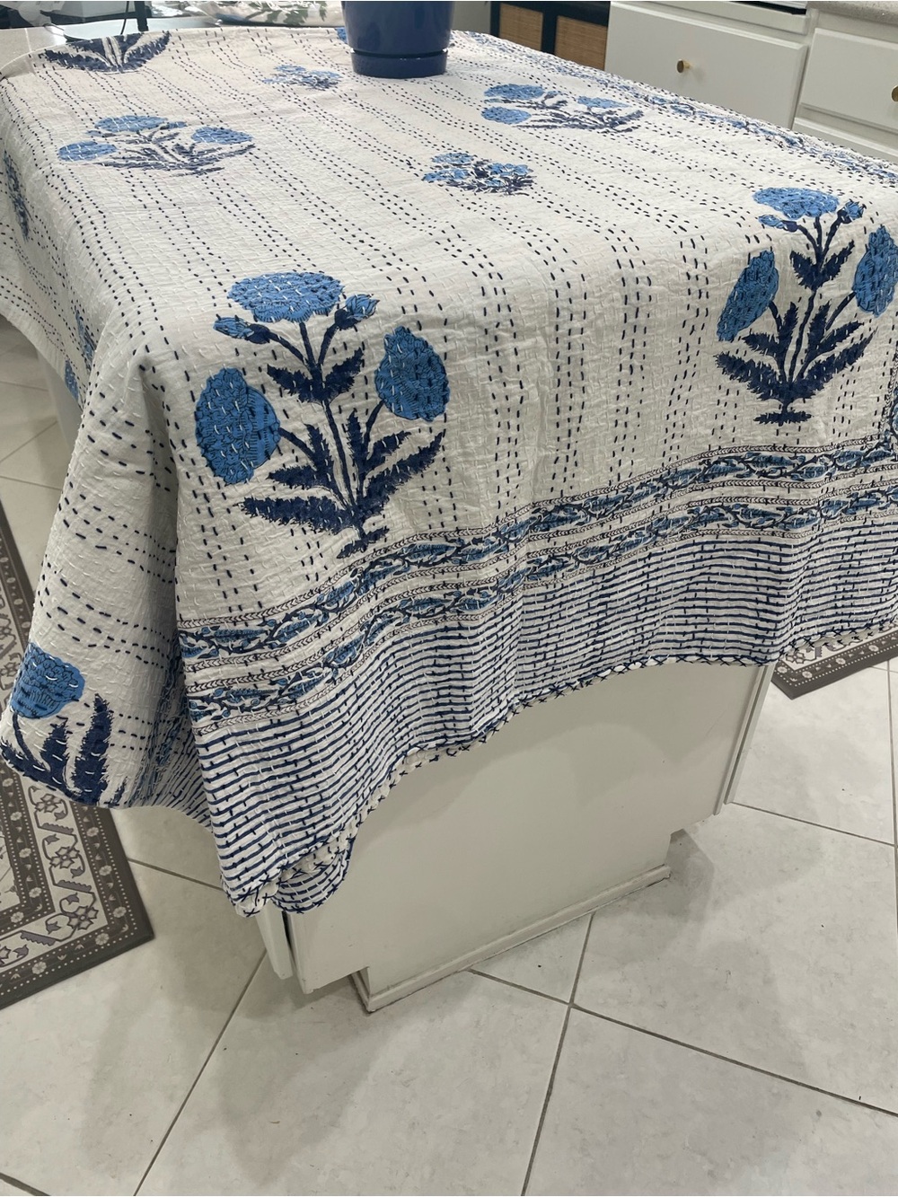 Kantha Blue/White Floral Quilt Top Queen Size 90 X 108 hand stitched - Picture 3 of 7